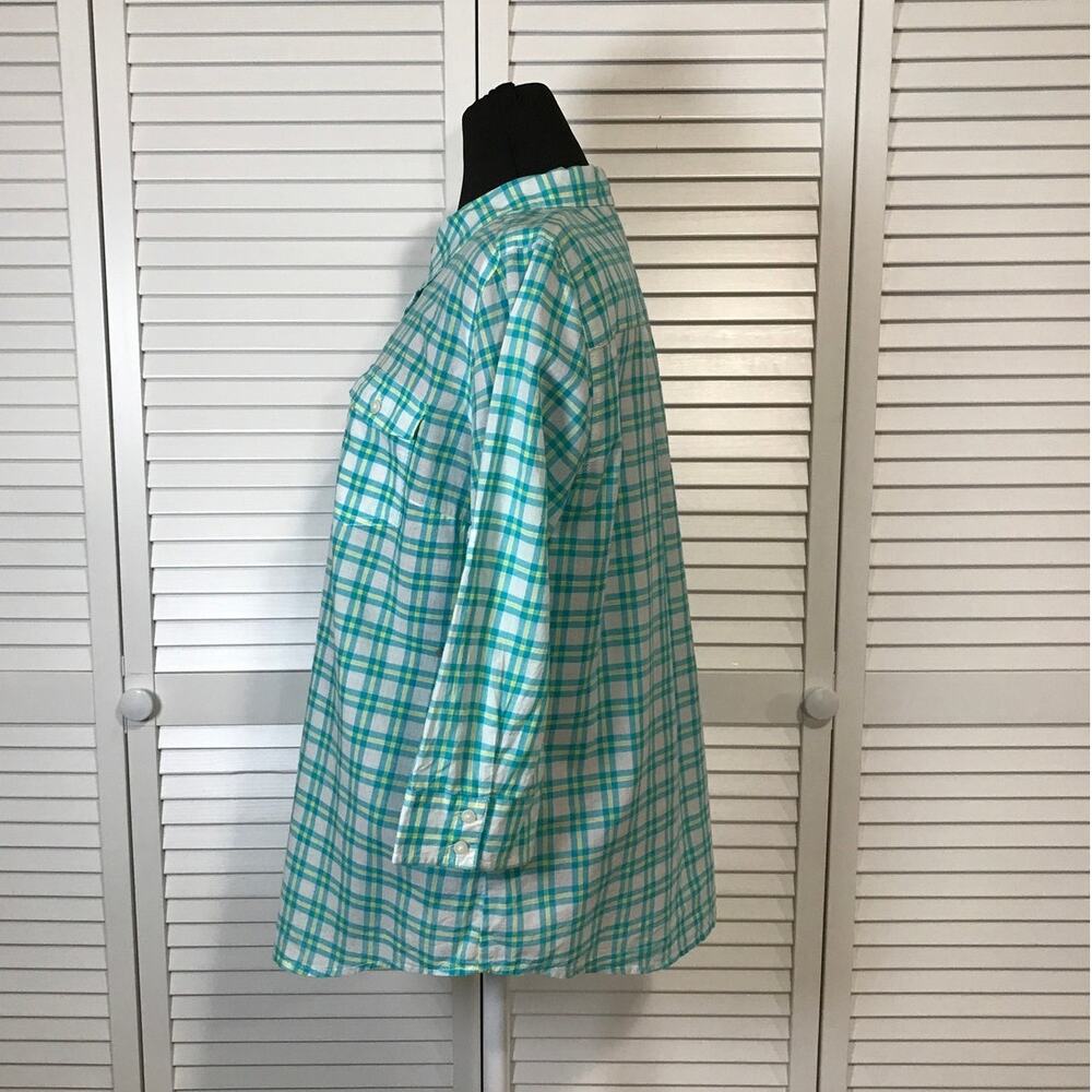 St John’s Bay Green White Plaid Semi Sheer Roll Tab Sleeves Shirt Women L - Picture 2 of 8